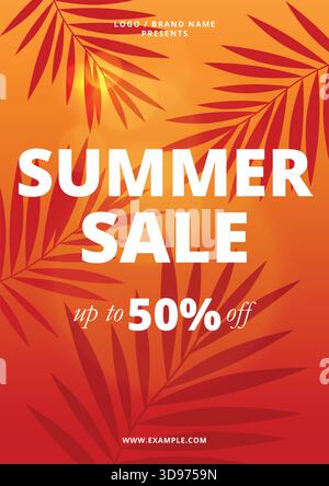 Blazing summer sale poster with palm leaves and burning sky – Vector A0 template Stock Vector