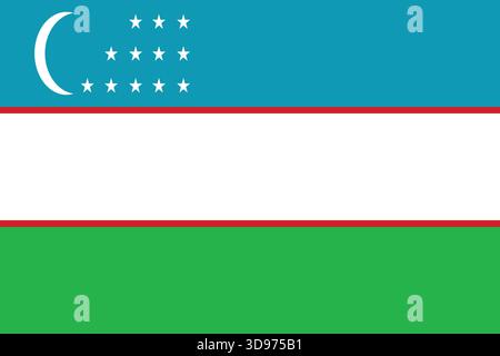 High-quality flat illustration of the uzbekistan flag featuring blue, white, green stripes and red separators with crescent and stars. Stock Vector