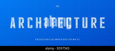 Architecture Font Logo Alphabet Vector Bold Condensed Letters Set Technical Blueprint Typography, Wireframe Typographic Title Text, Headline Stock Vector