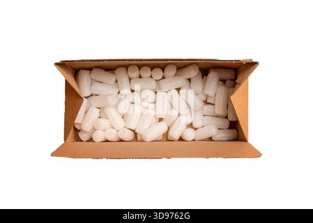 Cut out of Shipping cardboard box with foam cubes, gift package. Isolated transparent background. Top view. Stock Photo