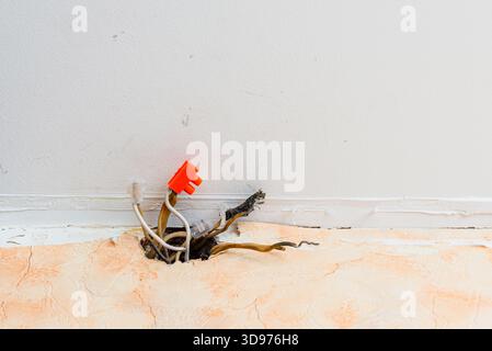 Expensive renovation of an old apartment, renovation of old lighting, electrical installations, sockets and switches in the wall. Stock Photo