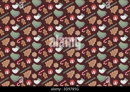 Seamless Christmas pattern with gingerbread cookies, ice skates, stockings, candy canes, gifts, and CHRISTMAS text on maroon background Stock Vector
