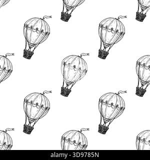 Balloon with a wicker basket, black and white sketch. Vector illustration. Seamless pattern with geometric pattern of a child's toy, isolated on a whi Stock Vector