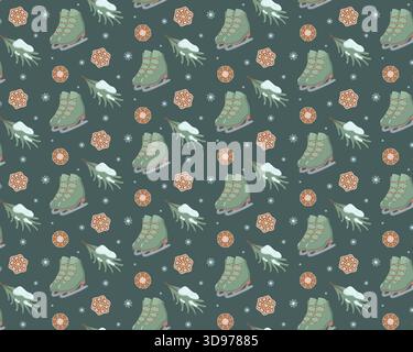 Seamless winter pattern with green ice skates, pine branches, snowflakes, and gingerbread cookies on dark green background Stock Vector