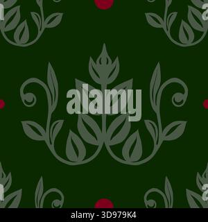 Seamless dark green floral pattern with stylized sage leaves, swirls, and red berry accents. Elegant vintage-style vector background ideal for wallpap Stock Vector