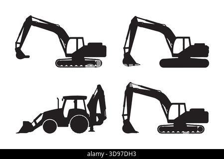 Silhouetted Excavators and Construction Equipment Vector Image on White Background Stock Vector