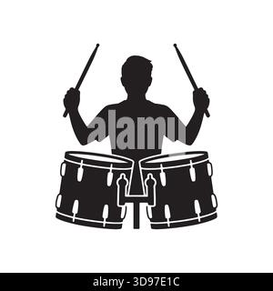 Silhouette of a drummer playing a drum kit with enthusiasm Stock Vector