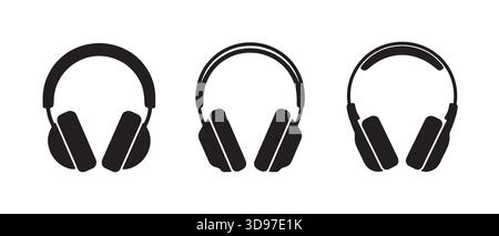 Three black headphone icons isolated on a clean white background Stock Vector
