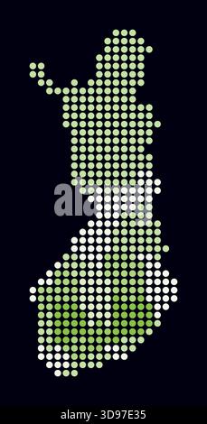Finland dotted map. A digital-style map of the country on a dark background, showing Finland's shape with circle dots. Stock Vector