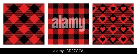 Red and black buffalo check vector seamless pattern set, diagonal plaid with hearts and gingham backgrounds for Christmas designs Stock Vector