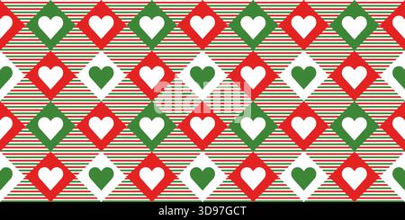 Red and green diagonal buffalo check with hearts seamless vector pattern, Cute Christmas background Stock Vector