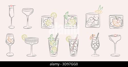 Hand drawn collection of retro cocktails and drinks in various glasses. Vintage vector illustration of classic beverages in sketch doodle style for Stock Vector