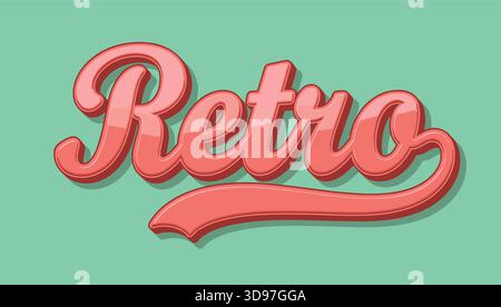 Retro text design, pink cursive lettering, 3D glossy font, mint background, vintage style, nostalgic graphic, isolated, stock illustration Stock Vector