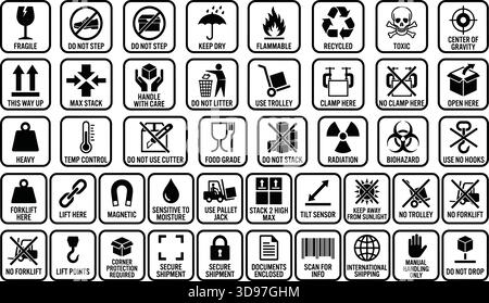 Safety and handling symbol set, packaging icons, industrial signs, black and white vector, logistics, caution, stock illustration Stock Vector