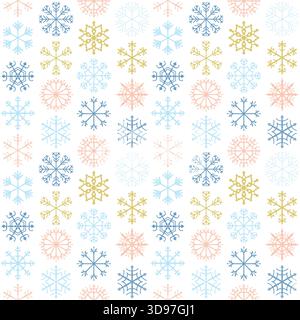 Vector seamless pattern with geometric snowflakes in blue, pink and gold colors for winter and Christmas paper products and greeting card backgrounds Stock Vector