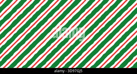 Thick and thin diagonal red and green stripes vector seamless pattern, Christmas candy cane background Stock Vector