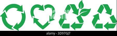 Green recycling symbol set, heart loop, leaf triangle, circular arrows, eco icon, sustainability design, vector, isolated, stock illustration Stock Vector