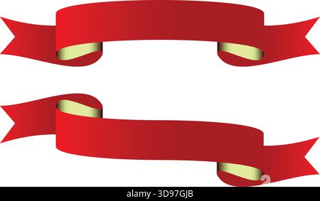 Red ribbon banner set, curled ends, golden folds, decorative label design, vector icon, isolated, festive scroll, stock illustration Stock Vector