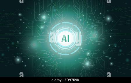 Artificial intelligence logo. Neural network and process automation. AI logotype in green sphere with bright sparkles. Modern technologies and Stock Vector