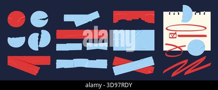 Red and blue adhesive tapes set. Torn stickers and memo. Bright ripped rounds of scotch. Paper strips, pieces for text. Flat vector collection Stock Vector
