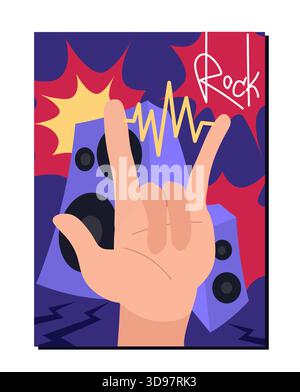 Rocknroll culture poster. Hand gesture near large loudspeakers. Rock and roll music, youth culture. Punk, grunge and metal. Festival or concert. Flat Stock Vector