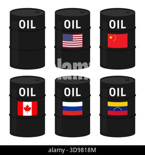 Oil barrels with country flags vector illustration. Energy and geopolitics concept Stock Vector