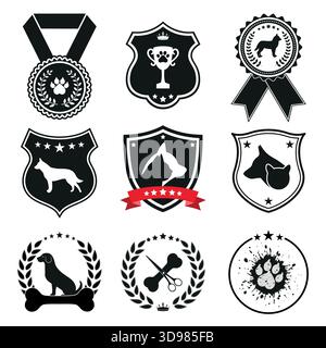 Illustration of a set of medals and emblems of dogs and cats on a white background. Stock Vector
