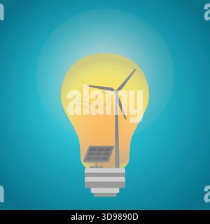 Solar panel and windmill inside lightbulb, renewable energy concept Stock Vector
