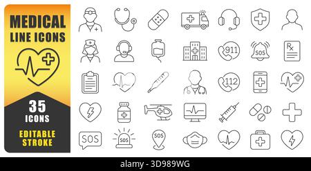 Medical Line Icon Set Featuring Clean, Modern, And Editable Stroke Designs For Healthcare, Emergency Services, And Hospital Use. Perfect For Digital Stock Vector