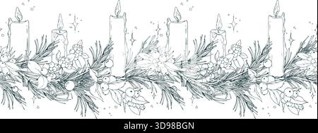 Seamless border pattern of pine branches with snowberries and candles. Floral garland. Graphic line art illustration hand-drawn with pen and ink in Stock Vector
