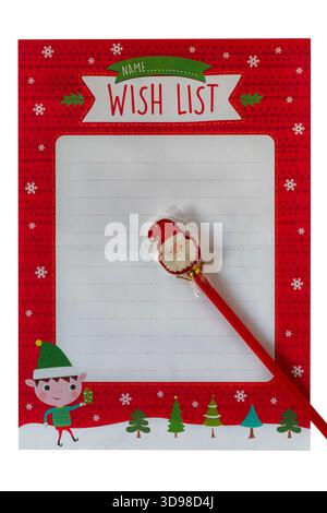 Christmas Wish List with Father Christmas pencil, part of Letter to and from Santa Set set on white background Stock Photo
