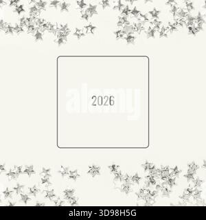 Silver star confetti arranged around a central frame with the number 2026 on a light background, minimal festive layout suitable for New Year or holiday celebrations Stock Photo