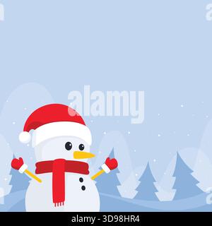 Cheerful winter flat illustration featuring a cartoon style snowman set in a snowy landscape with stylized blue pine trees and falling snowflakes. Stock Vector