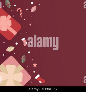 Christmas illustration with a maroon background featuring wrapped gift boxes and ornaments arranged decoratively on the left side Stock Vector