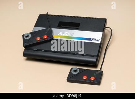 Pavia, Lombardy, Italy - March 13, 2025: Atari 7800 ProSystem console from 1984 at Ctrl+Alt Museum. Known as Atari 7800 was backwards compatible with Stock Photo