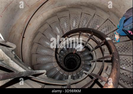 Paris, France, Close up, High Angle View, Looking Down, Old ROund Stairway, inside "Arc de Triomphe » Old French Monument, wide angle stairs Stock Photo