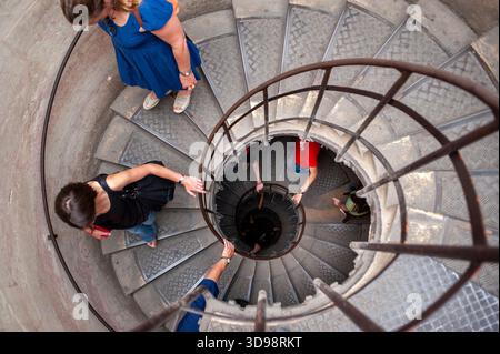 Paris, France, Close up, High Angle View, Looking Down, Old ROund Stairway, inside "Arc de Triomphe » Old French Monument, Tourists Walking wide angle Stock Photo
