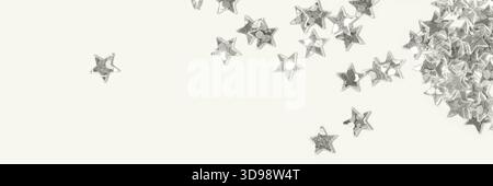 Metallic silver star shaped confetti scattered on a light minimal background with one isolated star creating a clean festive abstract composition suitable for celebration themes. Banner Stock Photo