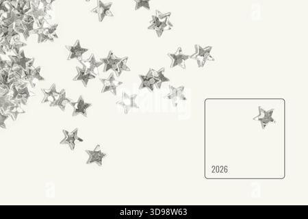 Silver star shaped sequins scattered on a light minimal background with one isolated star inside a clean frame creating a festive abstract composition for celebration and decoration themes. Frame Stock Photo