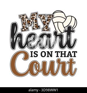 Green script “Volleyball” over bold glitter “MOM” with leopard print hearts and a volleyball in the center, cute proud sports mom typography design fo Stock Vector