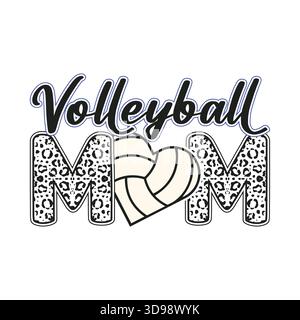 Green script “Volleyball” over bold glitter “MOM” with leopard print hearts and a volleyball in the center, cute proud sports mom typography design fo Stock Vector
