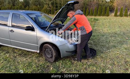 A man in a gray and orange jacket checks fluid levels under the hood of a silver car during roadside maintenance in a grassy rural area surrounded by Stock Photo