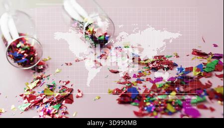 Tipping two clear vials spilling metallic confetti on pale pink table with dotted map, HUD boxes Stock Photo
