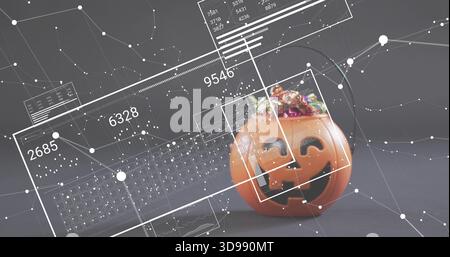 Sitting orange plastic jack-o-lantern bucket showing candy on gray table, overlays, copy space Stock Photo