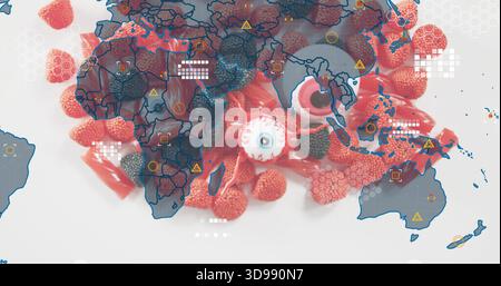 Displaying red and pink candy cluster on studio surface, showing white eyeball candy, map overlay Stock Photo