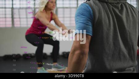 Squatting woman in red tank top performing step squats in gym, with kettlebells and code overlay Stock Photo