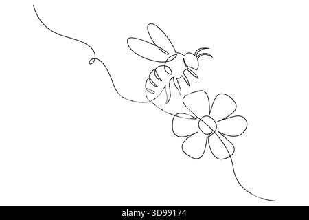 Bee continuous one line drawing in minimalist outline style Stock Vector
