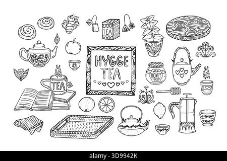 Set of hand drawn hygge tea utensils, food and home decor doodle icons. Cozy rustic kitchen items line art bundle Stock Vector