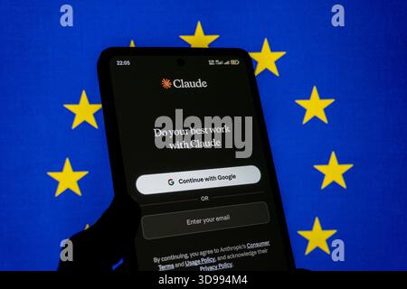 Claude log in screen and European Union flag. Editorial photo has been captured: Baku, Azerbaijan. 29.11.2025. Stock Photo
