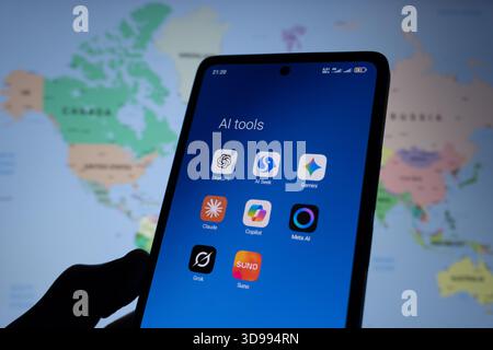 AI tools - ChatGPT, DeepSeek, Google Gemini, Claude, Microsoft Copilot, Meta AI, Grok and Suno AI apps on smartphone and politics. Stock Photo